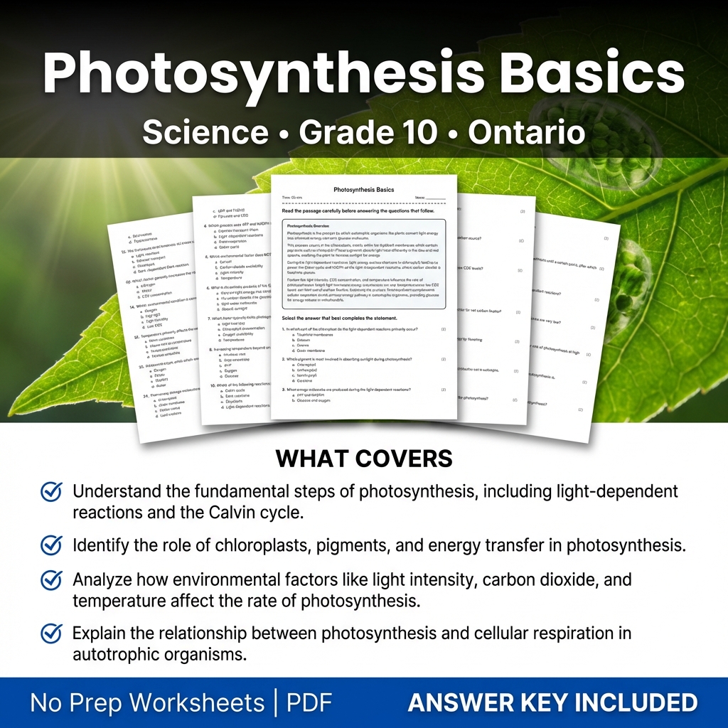Photosynthesis Basics Worksheet for Grade 10 Science | Ontario Standards
