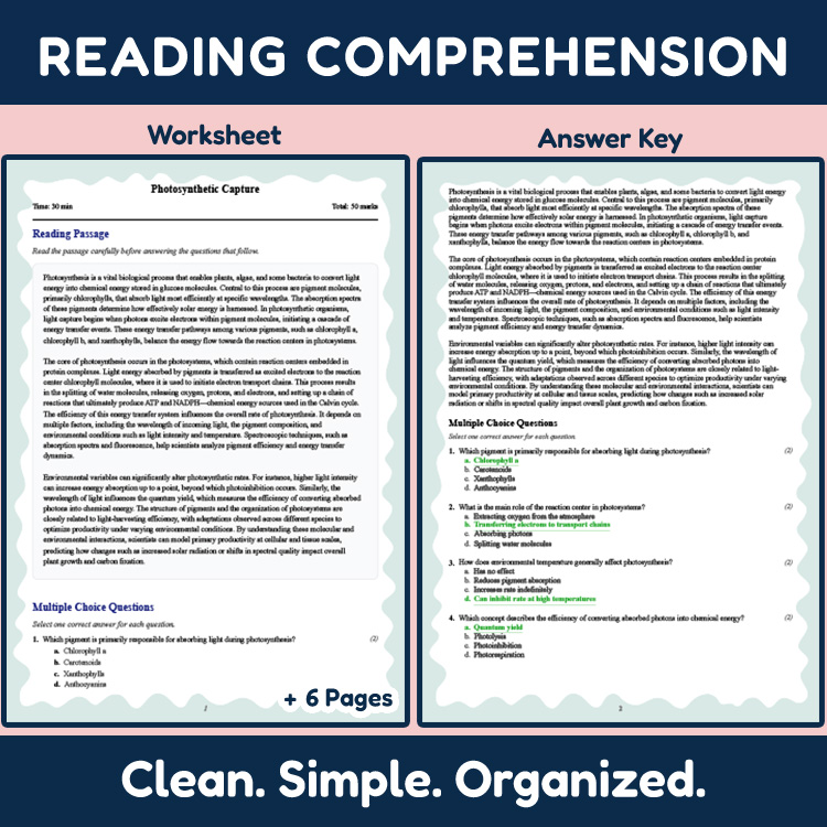Grade 9 Science reading worksheets worksheet — 9th Grade Science | Photosynthetic Capture Reading Worksheets (PDF + Answer…