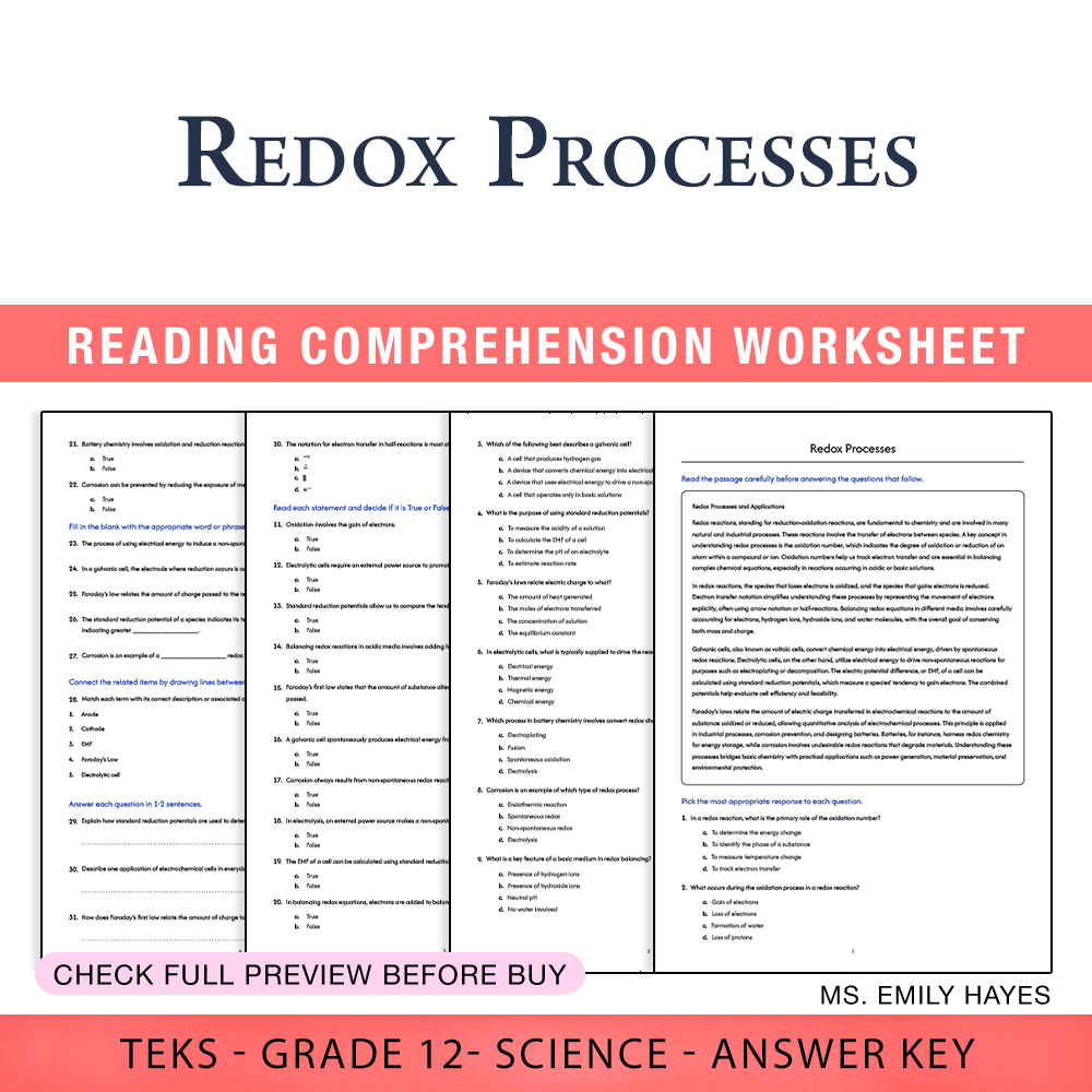 Grade 12 Science worksheet worksheet — 12th Grade Science | Redox Processes Worksheet (PDF+ Answer Key) — page 1