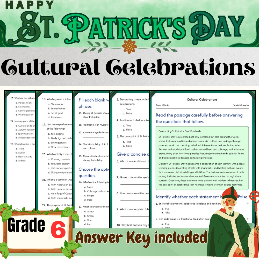 Grade 6 Seasonal – St. Patrick's Day Worksheets Bundle (Answer Key Included) — included worksheet 2
