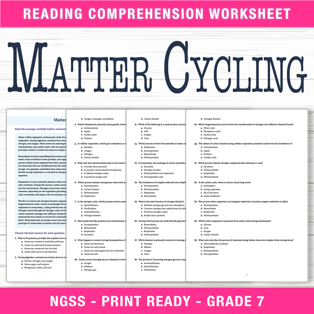 Grade 7 Science worksheet worksheet — Grade 7 Science | Matter Cycling Worksheet (PDF + Answer Key) — page 1