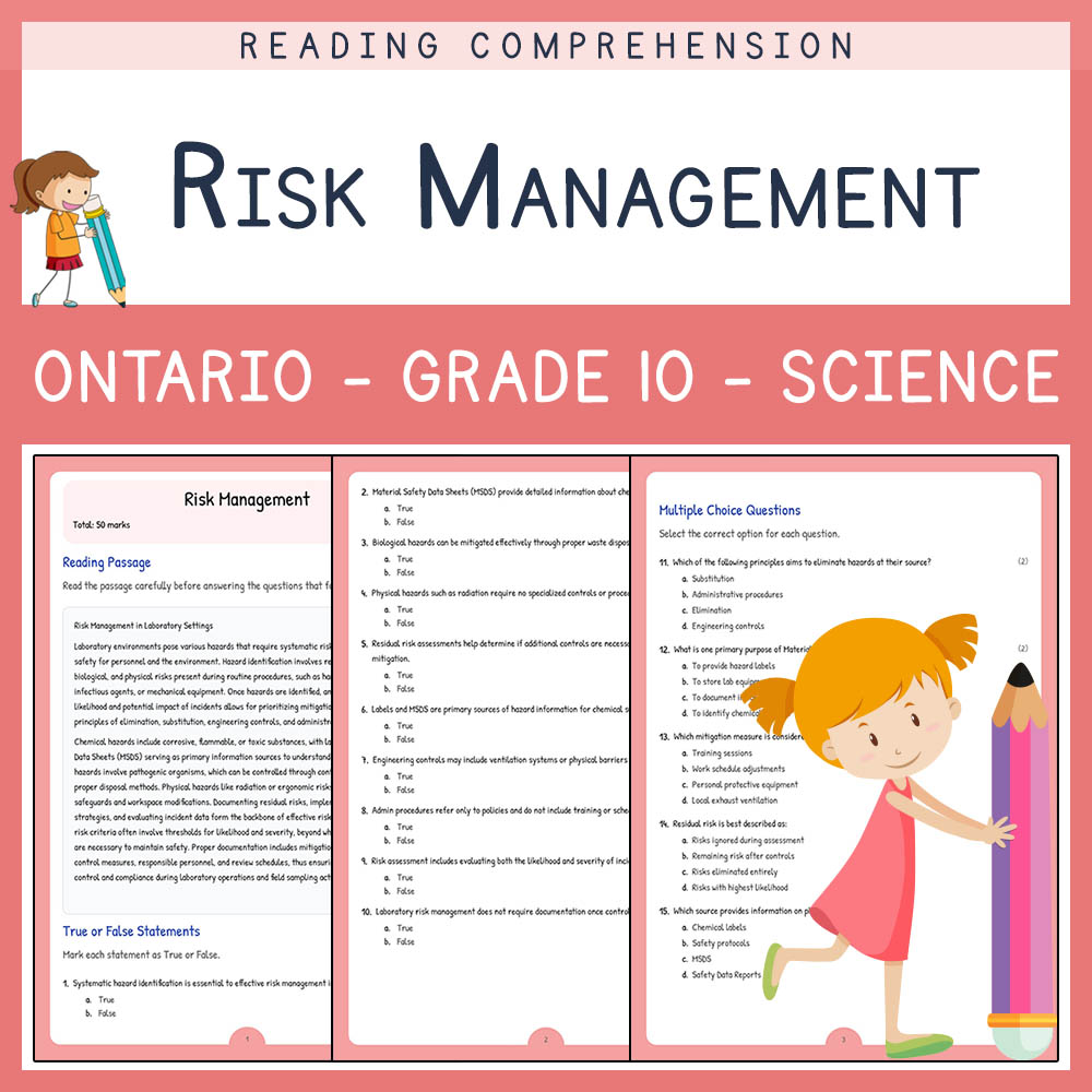 Grade 10 Science worksheet elena worksheet — Grade 10 Science | Risk Management Worksheet | Ontario Standards — page 1