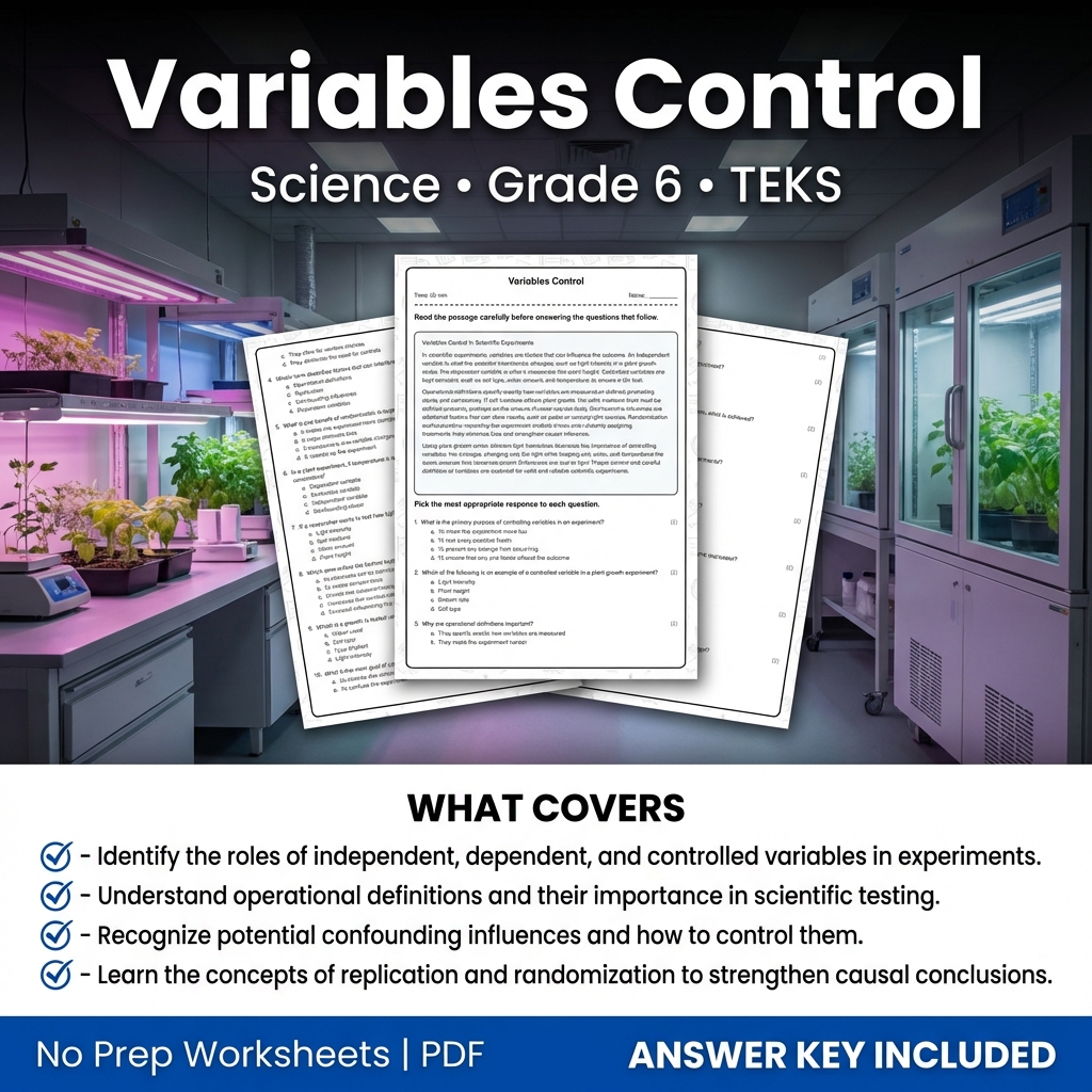 Variables Control Science Worksheet Grade 6 TEKS Practice PDF