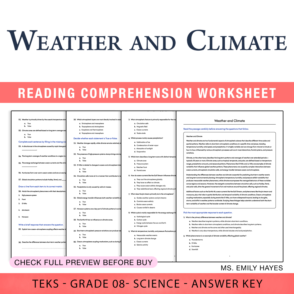Grade 8 Science worksheet worksheet — 8th Grade Science | Weather and Climate Worksheet (PDF+ Answer Key) — page 1