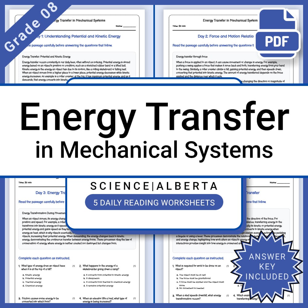Grade 8 – Energy Transfer in Mechanical Systems Daily Worksheet + Answer Key