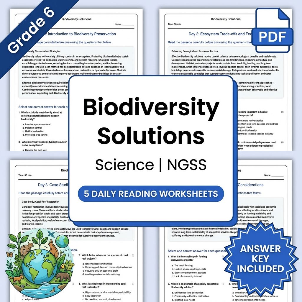 6th Grade Science | Biodiversity Solutions Worksheet (PDF + Answer Key)