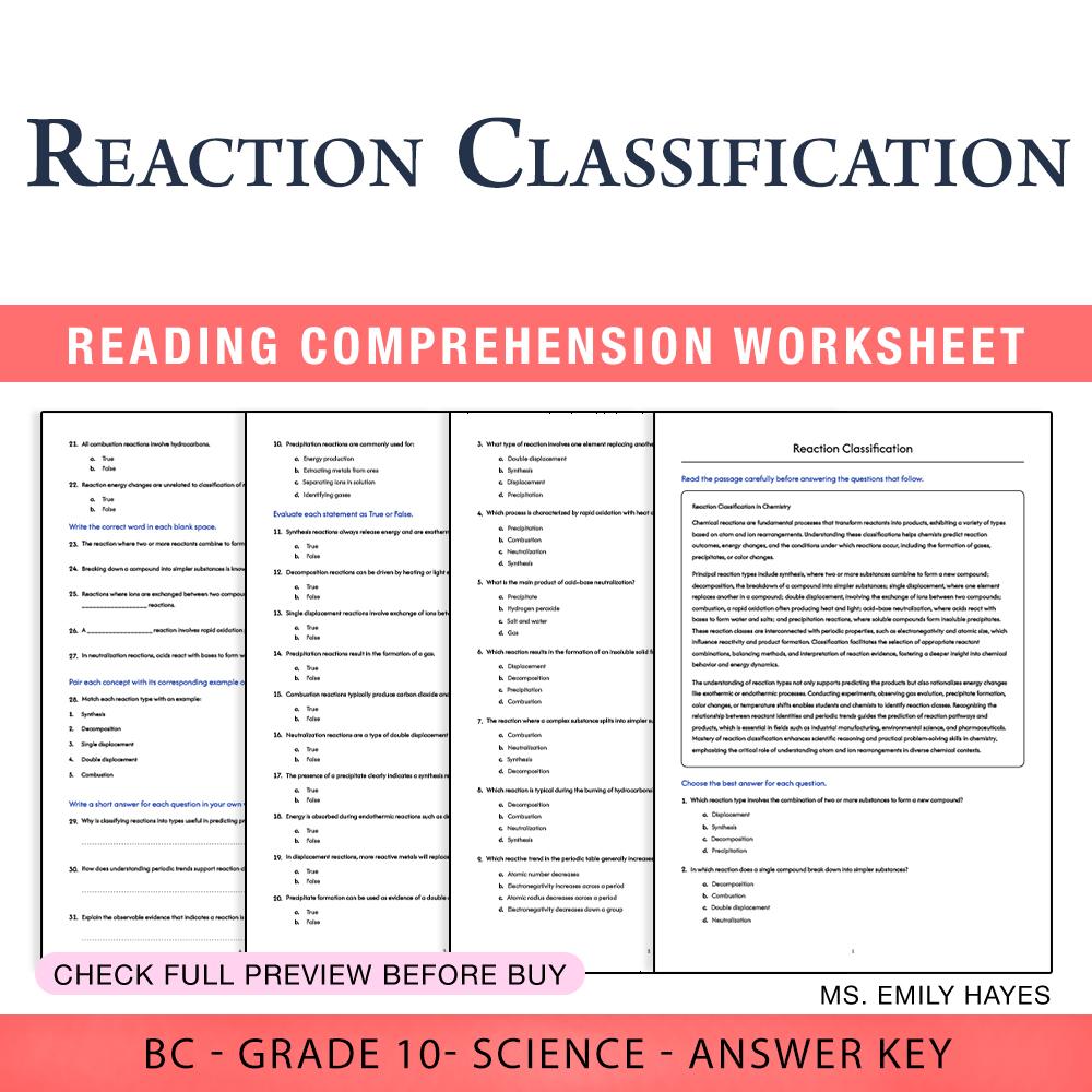 Grade 10 Science worksheet worksheet — Grade 10 Science | Reaction Classification Worksheet (PDF + Answer Key) — page 1