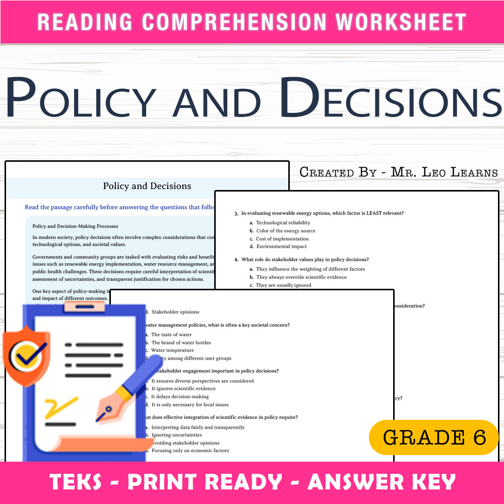 Grade 6 Science worksheet worksheet — Grade 6 Science — Policy and Decisions Worksheet for Mastery — page 1