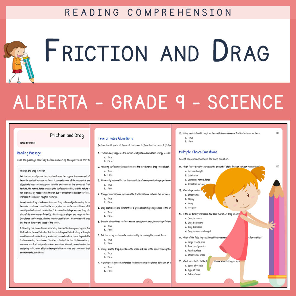 Grade 9 Science worksheet elena worksheet — Grade 9 Science | Friction and Drag Worksheet | Alberta Standards — page 1