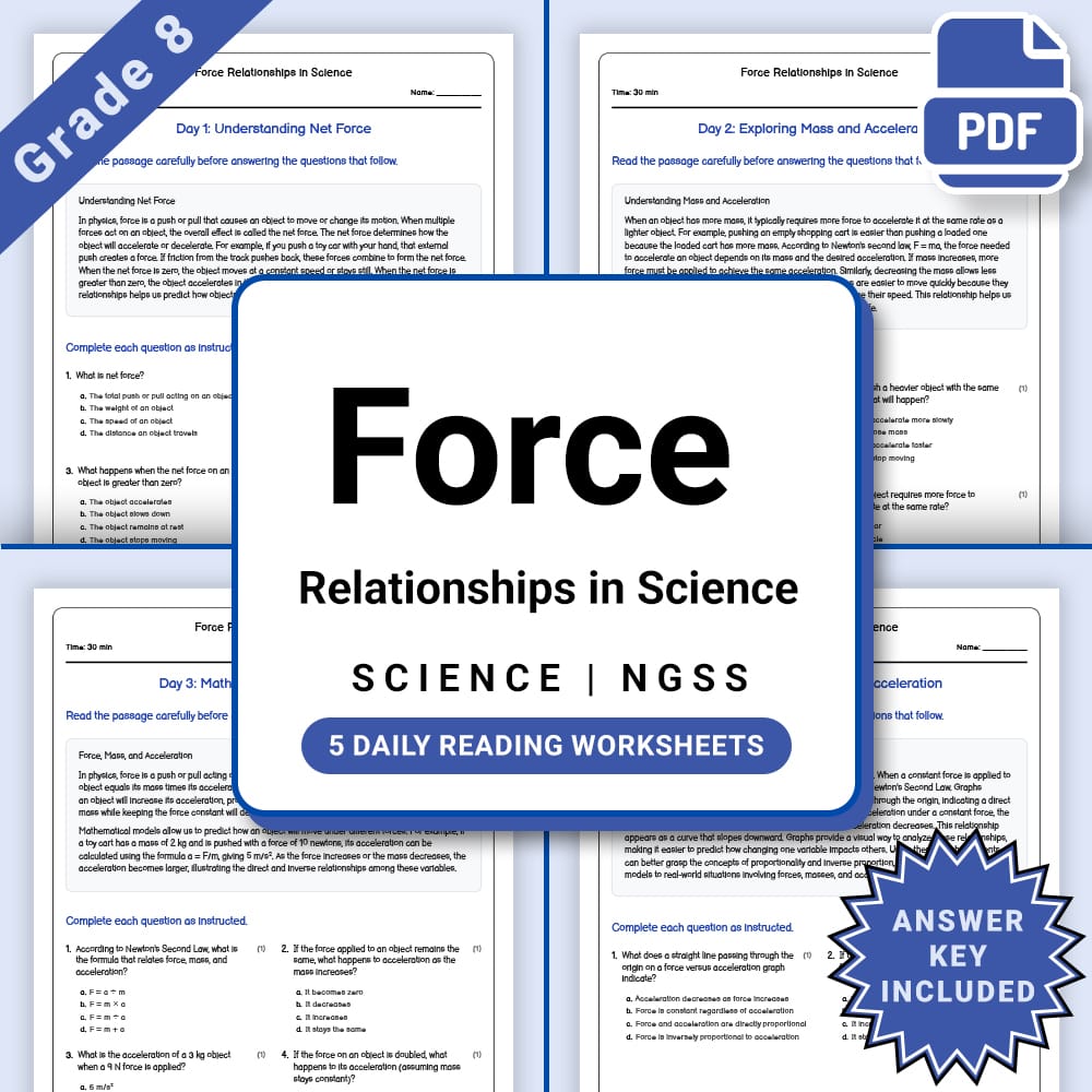 Grade 8 Science daily reading worksheet worksheet — Grade 8 Science – Force Relationships Worksheet(PDF + Answer Key) — pa…