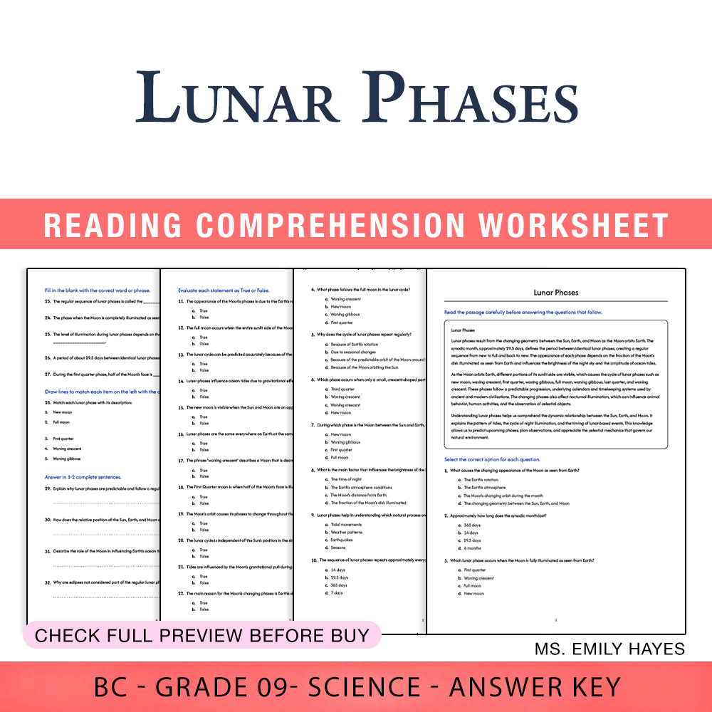 Grade 9 Science worksheet worksheet — 9th Grade Science | Lunar Phases Worksheet (PDF + Answer Key) — page 1