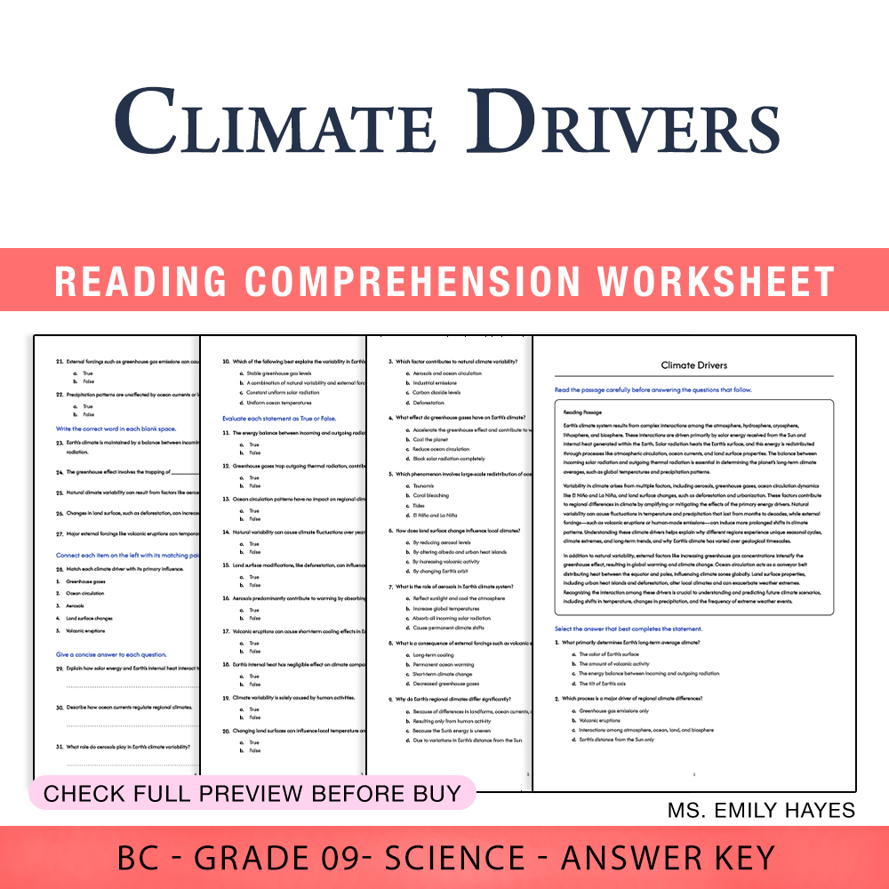 Grade 9 Science worksheet worksheet — 9th Grade Science | Climate Drivers Worksheet (PDF+ Answer Key) — page 1