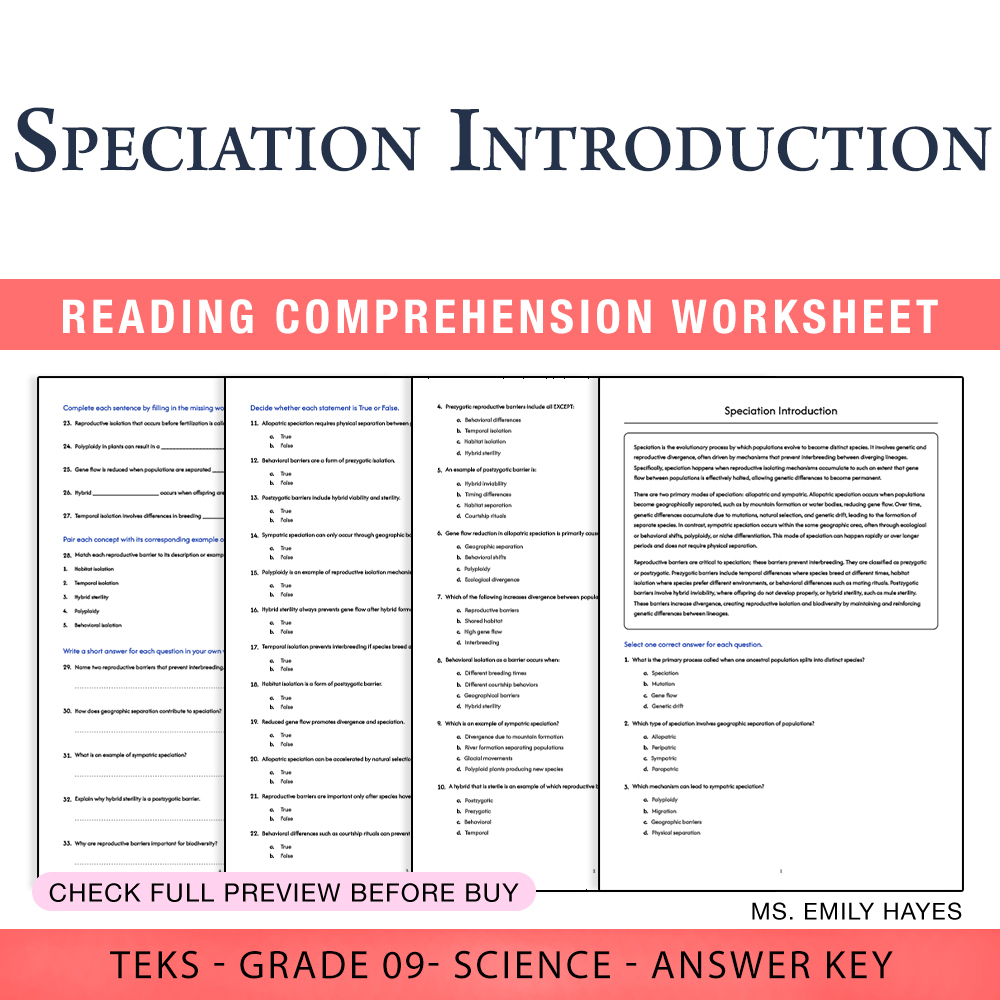 Grade 9 Science worksheet worksheet — 9th Grade Science | Speciation Introduction Worksheet (PDF+ Answer Key) — page 1