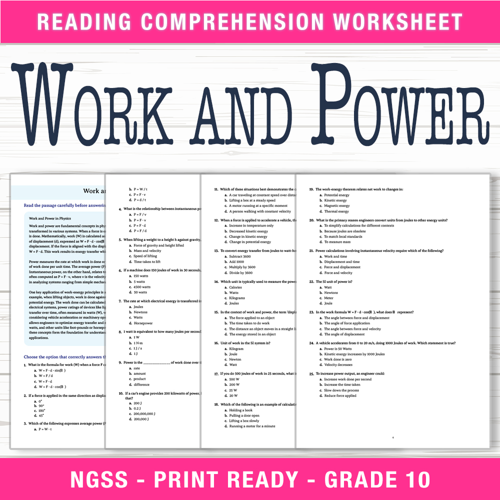 Grade 10 Science worksheet worksheet — Grade 10 Science | Work and Power Worksheet (PDF + Answer Key) — page 1