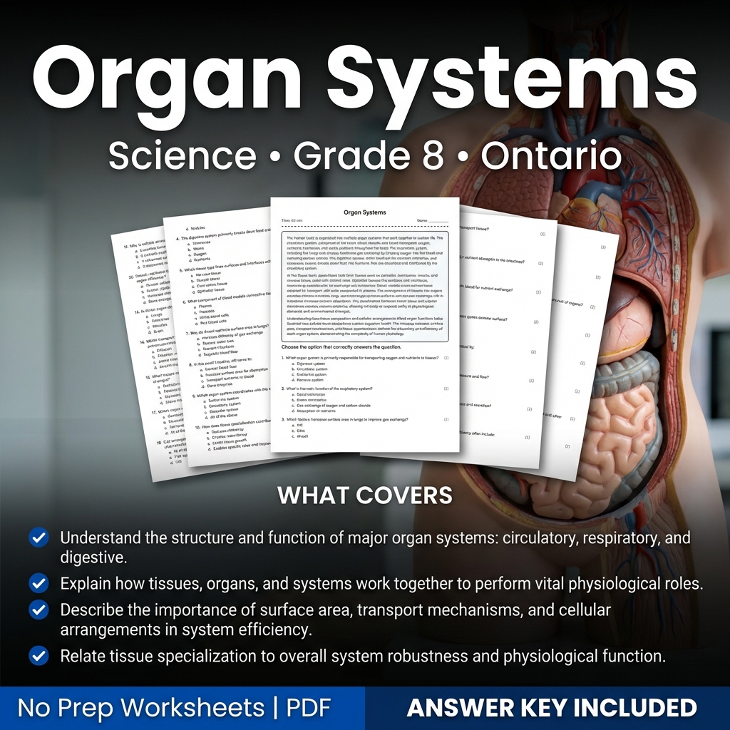Grade 8 Science Worksheet on Organ Systems | Ontario Standards