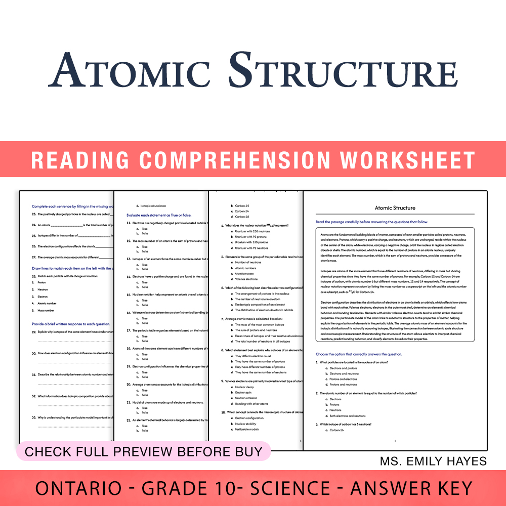 Grade 10 Science worksheet worksheet — 10th Grade Science | Atomic Structure Worksheet (PDF + Answer Key) — page 1