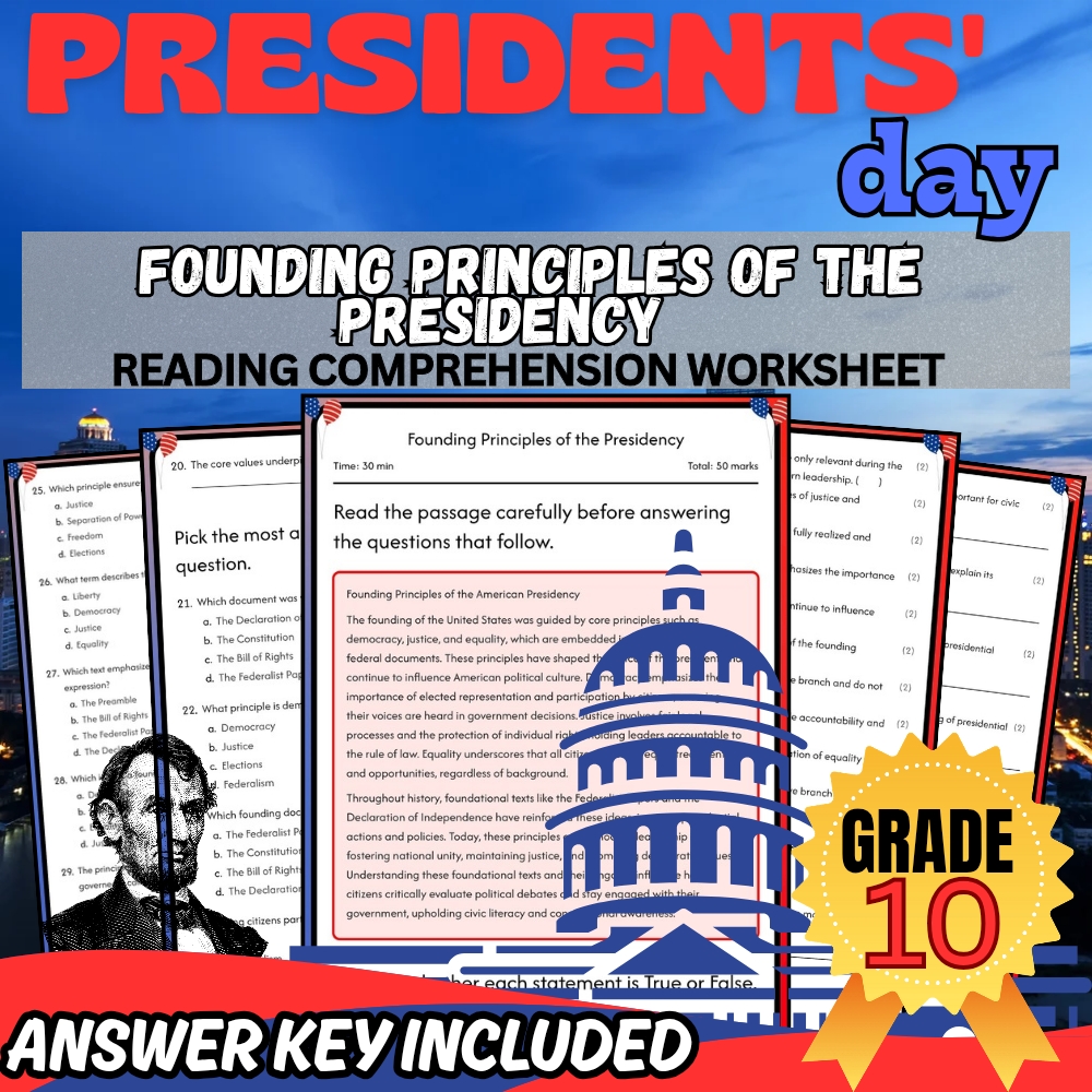 Grade 10 Presidents' Day Unit Bundle|Leadership & Founding Principles Worksheets — included worksheet 1