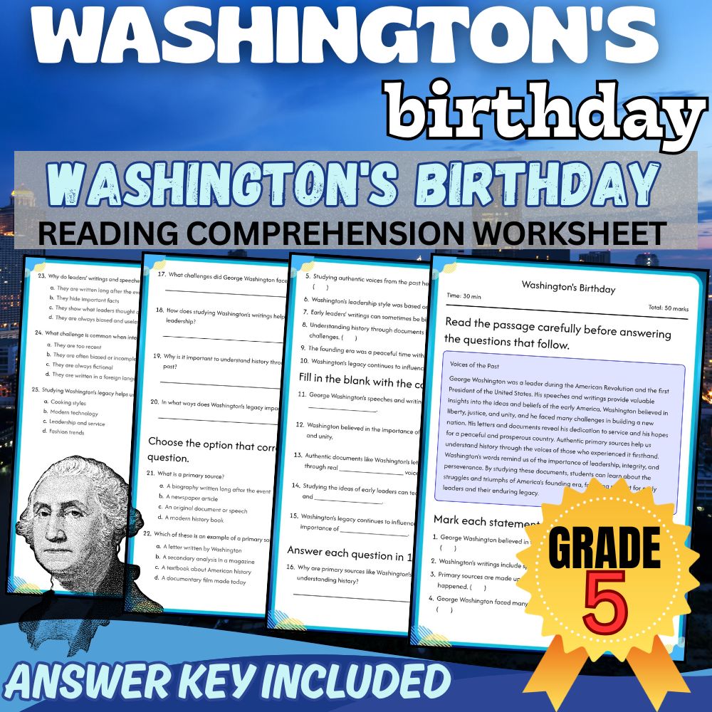 Grade 5 Holidays | Washington's Birthday Worksheet for History |PDF+Answer Key