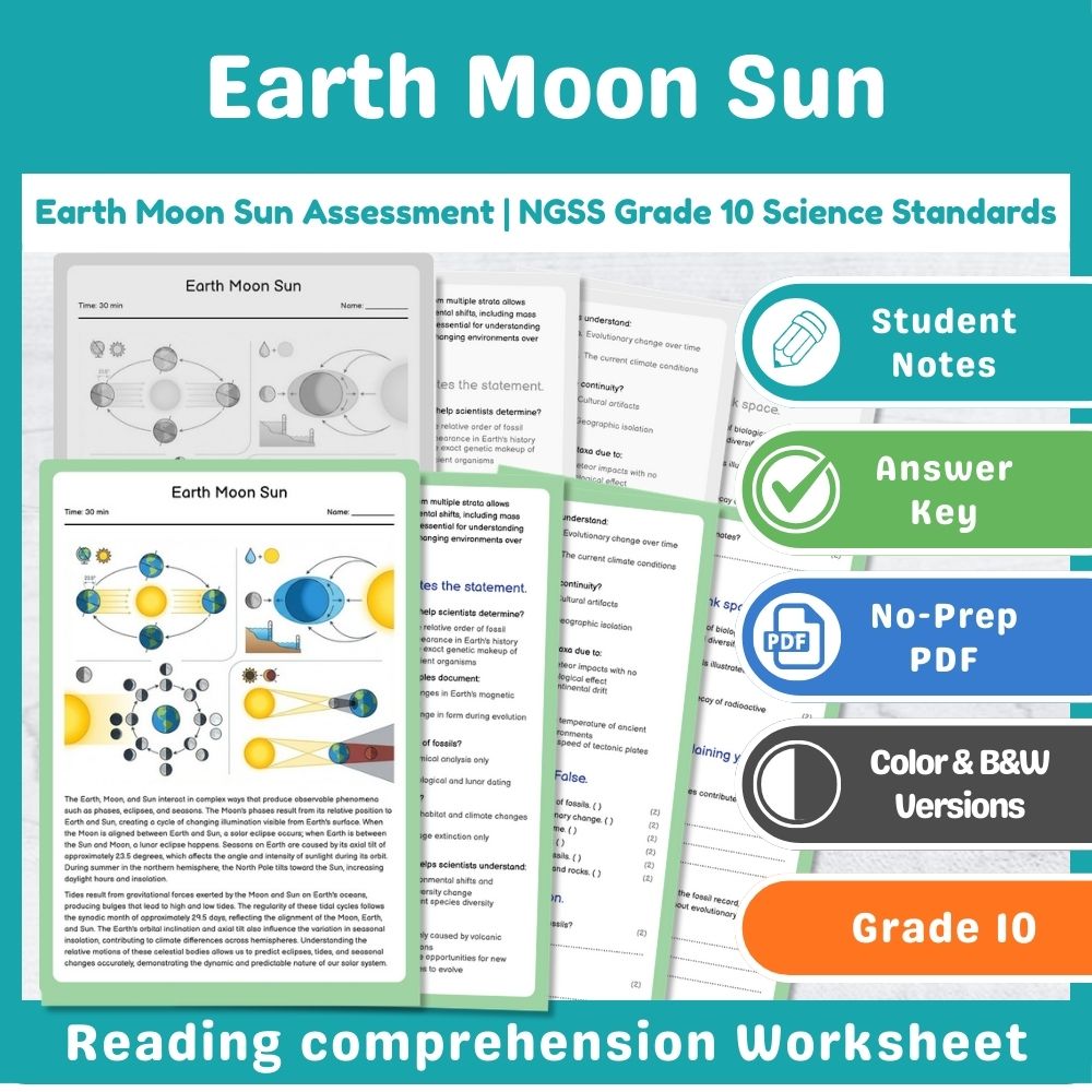 Grade 10 Science assessment worksheet — Earth Moon Sun Assessment | NGSS Grade 10 Science Standards