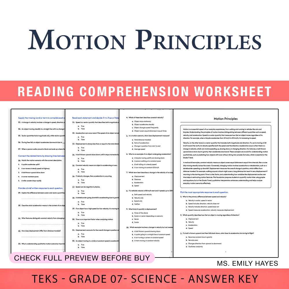 Grade 7 Science worksheet worksheet — 7th Grade Science | Motion Principles Worksheet (PDF+ Answer Key) — page 1