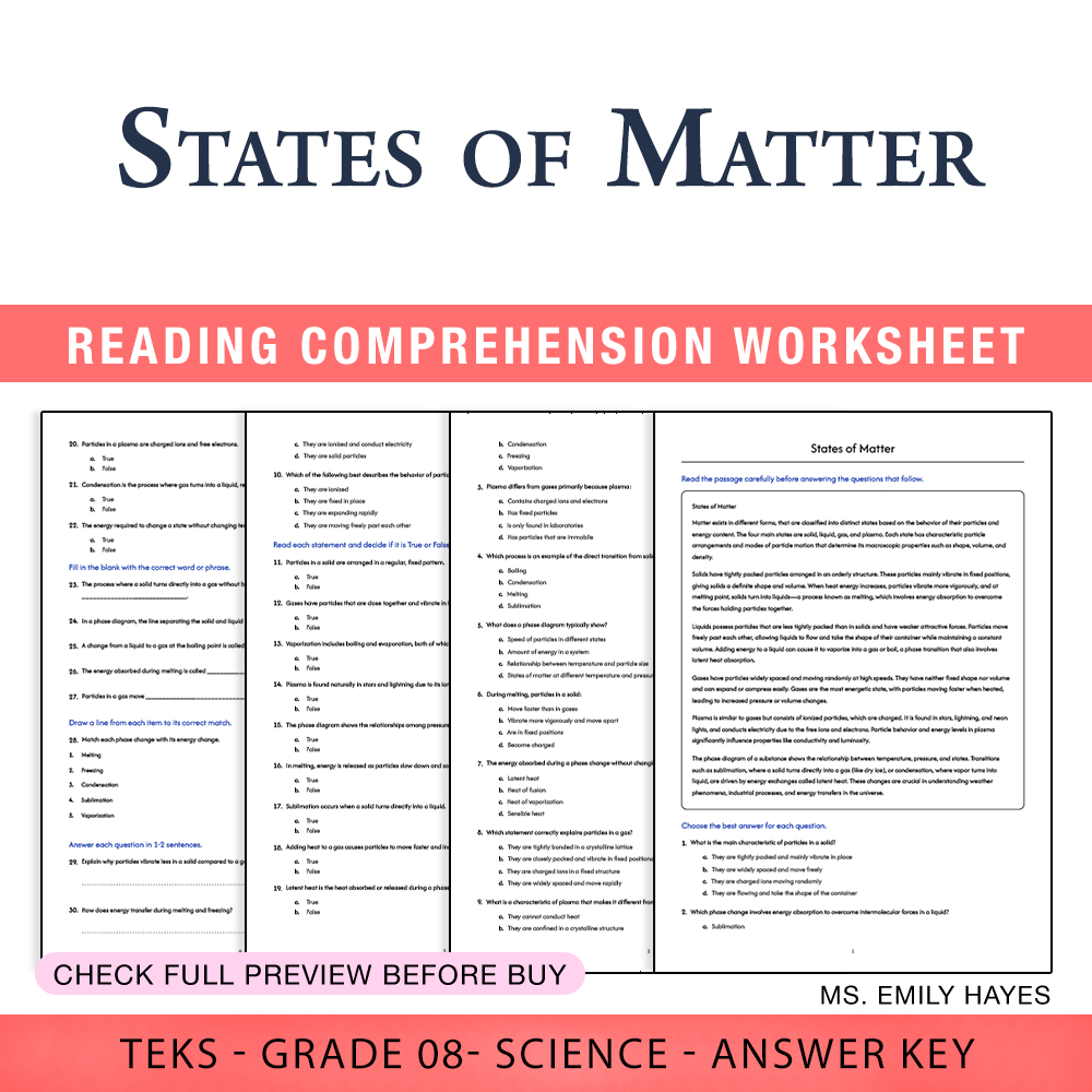 Grade 8 Science worksheet worksheet — Grade 8 Science | States of Matter Worksheet (PDF+ Answer Key) — page 1