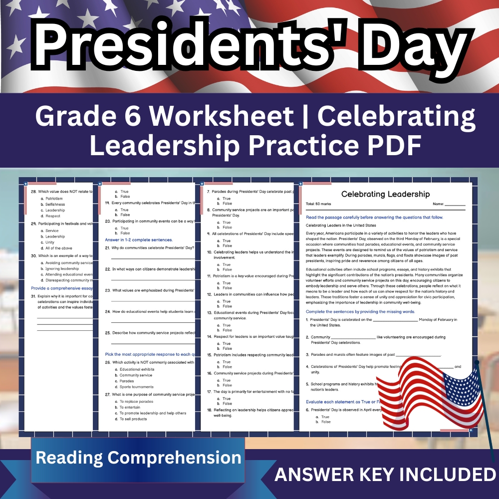 Grade 6 Seasonal Worksheet | Celebrating Leadership Printable PDF & Assessment