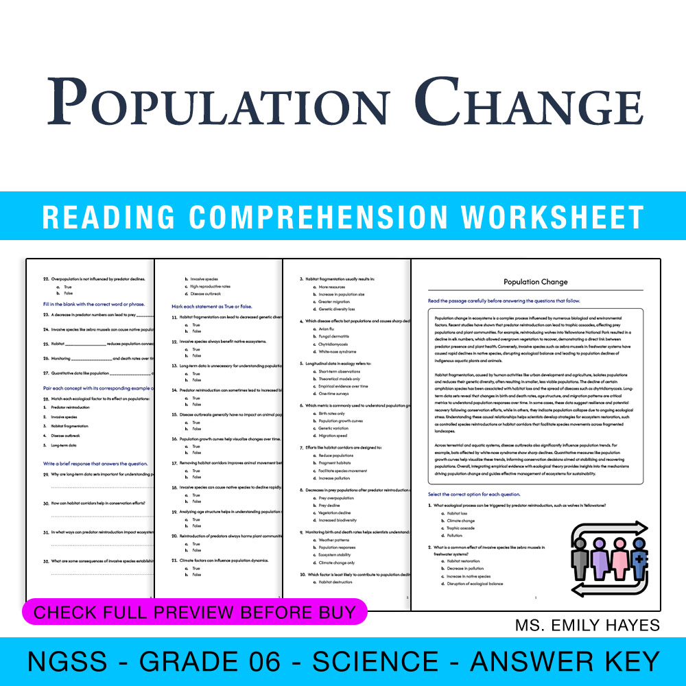 Grade 6 Science worksheet — 6th Grade Science | Population Change Worksheet (PDF+ Answer Key) — page 1