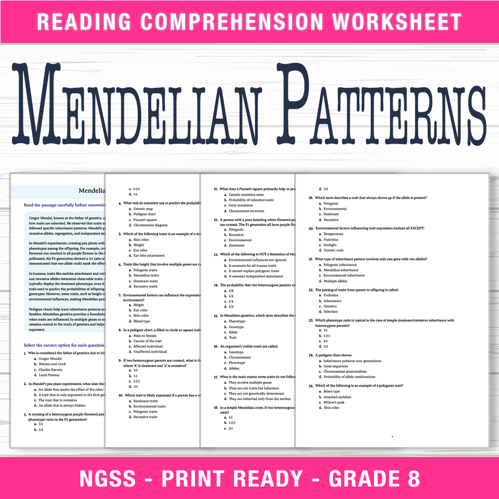 Grade 8 Science worksheet worksheet — Grade 8 Science | Mendelian Patterns Worksheet (PDF + Answer Key) — page 1