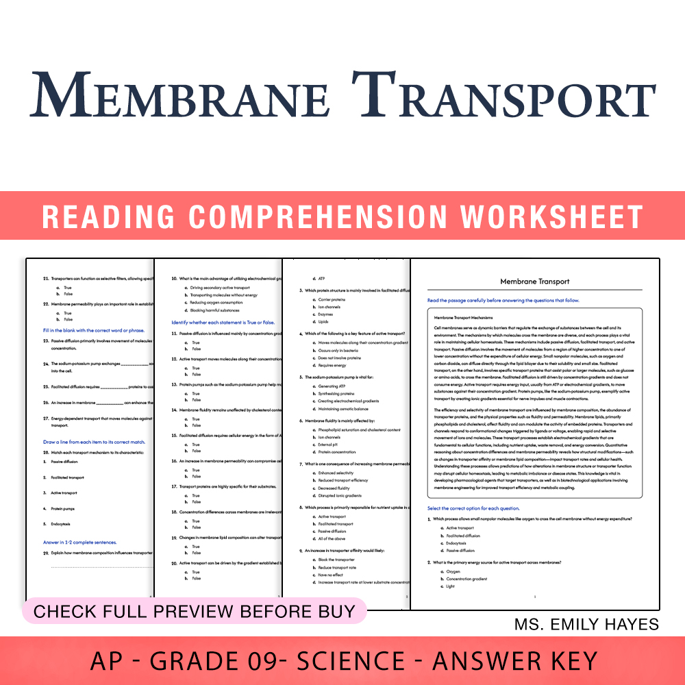 Grade 9 Science worksheet worksheet — 9th Grade Science | Membrane Transport Worksheet (PDF+ Answer Key) — page 1