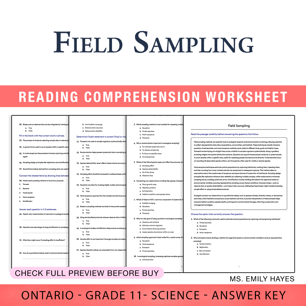 Grade 11 Science worksheet worksheet — Grade 11 Science | Field Sampling Techniques Worksheet (PDF + Answer Key) — page 1