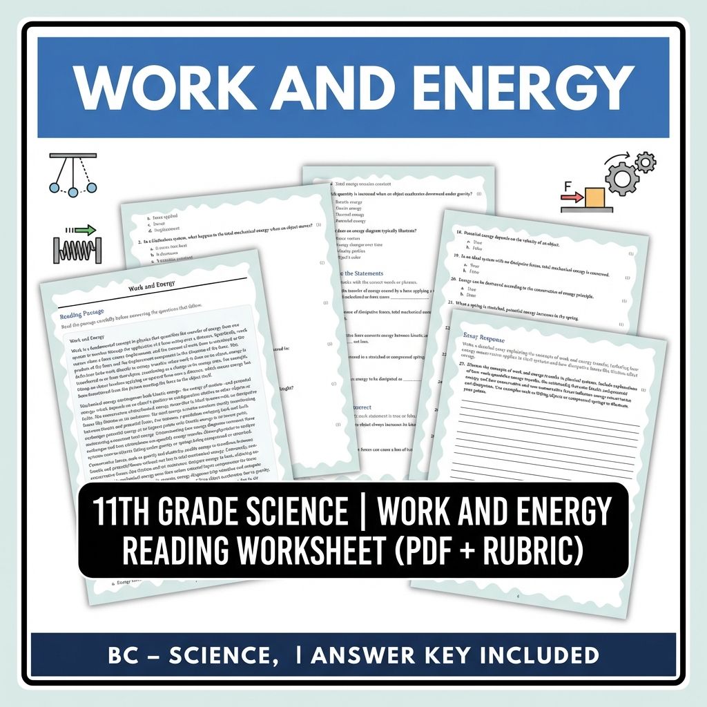 11th Grade Science | Work and Energy Reading Worksheet (PDF + Rubric)