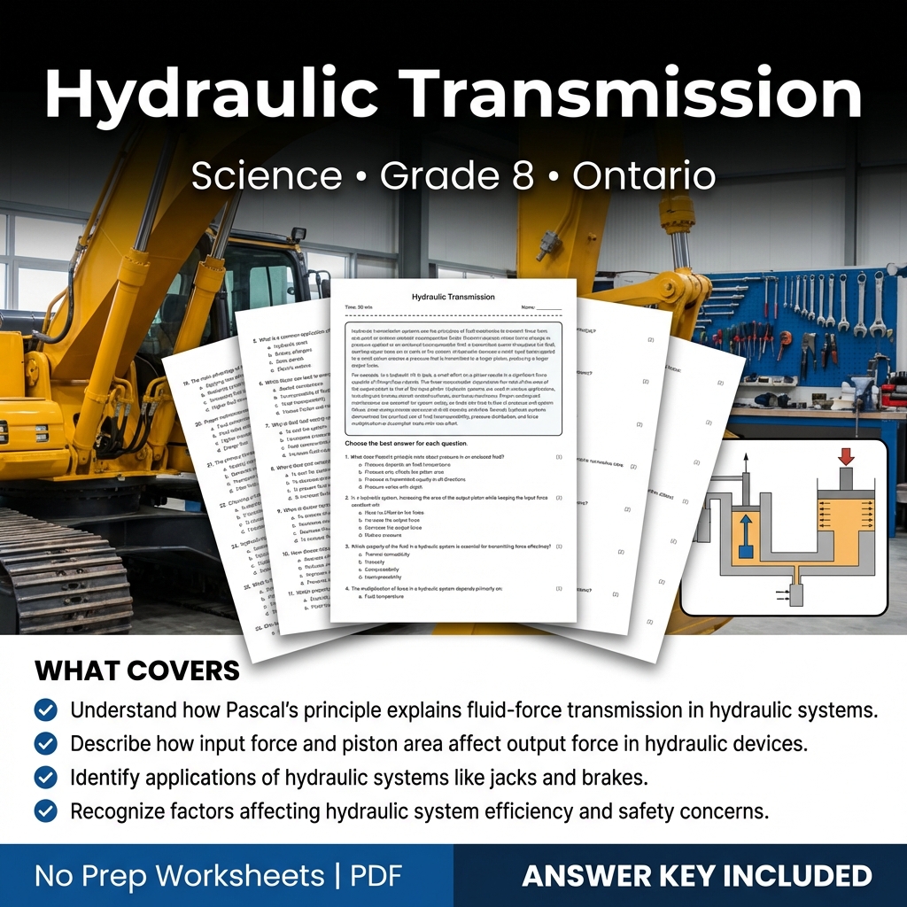 Hydraulic Transmission Grade 8 Science Worksheet | Ontario Standards