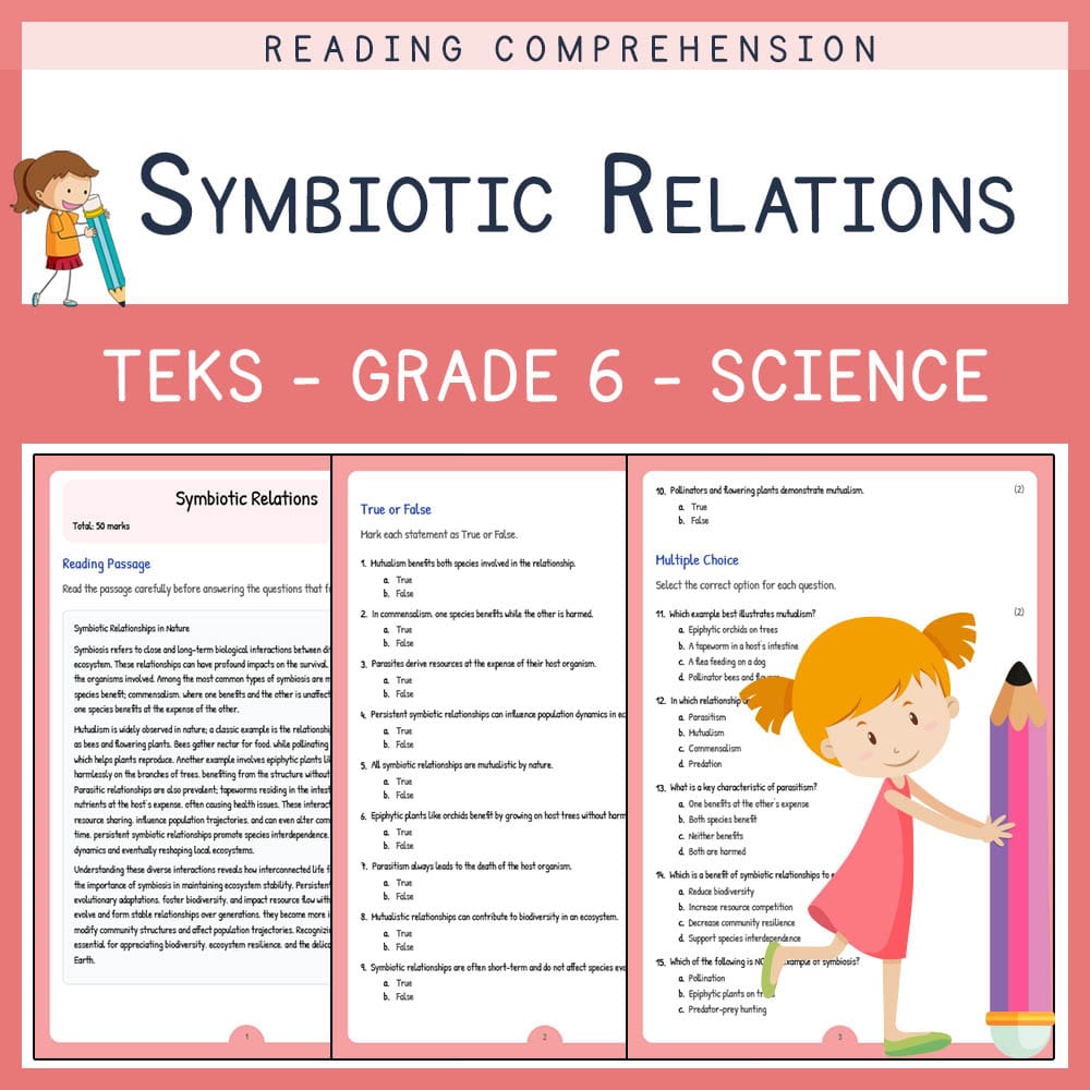 Grade 6 Science worksheet elena worksheet — Grade 6 Science | Symbiotic Relations Worksheet | TEKS Alligned — page 1