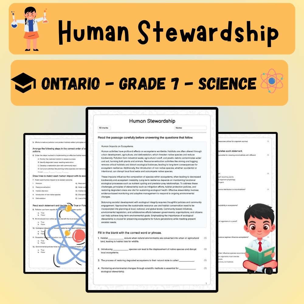 Grade 7 Science worksheet worksheet — Grade 7 Science – Human Stewardship Worksheet (PDF) – Ontario Standards — page 1