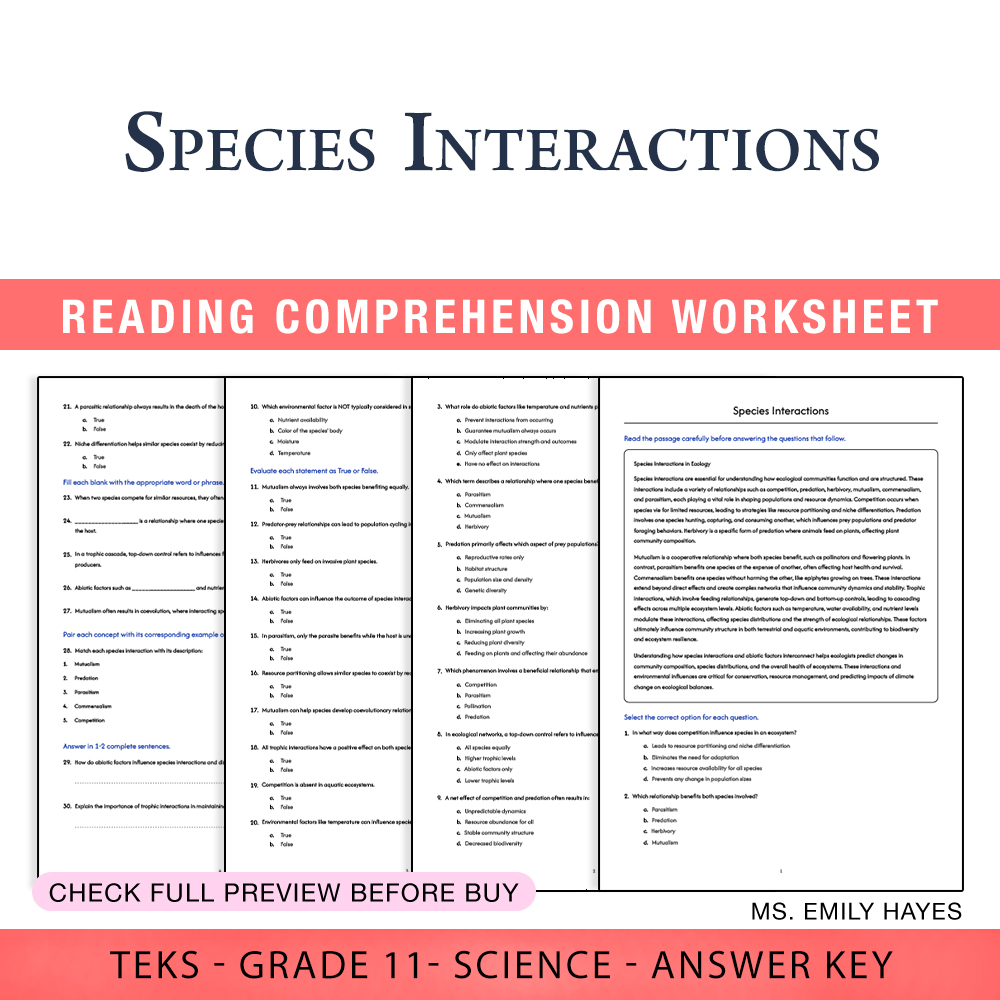 Grade 11 Science worksheet worksheet — 11th Grade Science | Species Interactions Worksheet (PDF+ Answer Key) — page 1