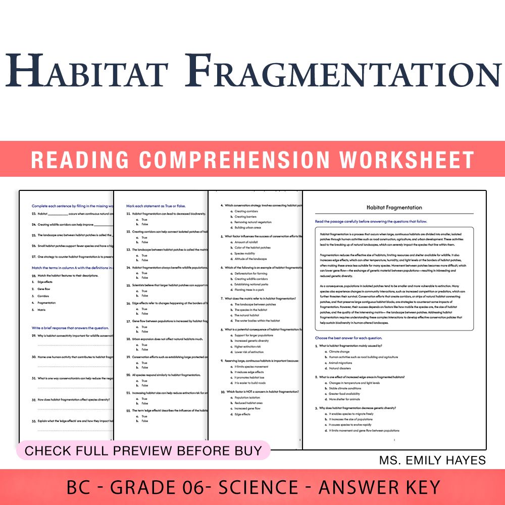 Grade 6 Science worksheet worksheet — 6th Grade Science | Habitat Fragmentation Worksheet (PDF+ Answer Key) — page 1