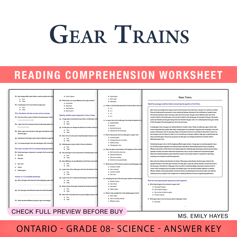 Grade 8 Science worksheet worksheet — Grade 8 Science | Gear Trains Worksheet (PDF+ Answer Key) — page 1