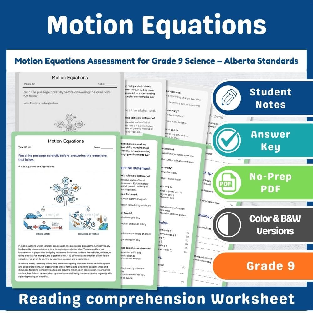 Grade 9 Science assessment worksheet — Motion Equations Assessment for Grade 9 Science – Alberta Standards — page 1