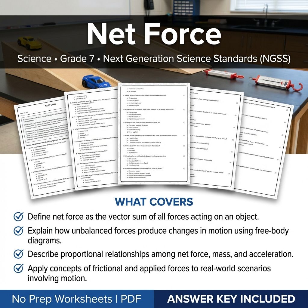 7th Grade Science | Net Force Worksheet & Answer Key (Printable PDF)