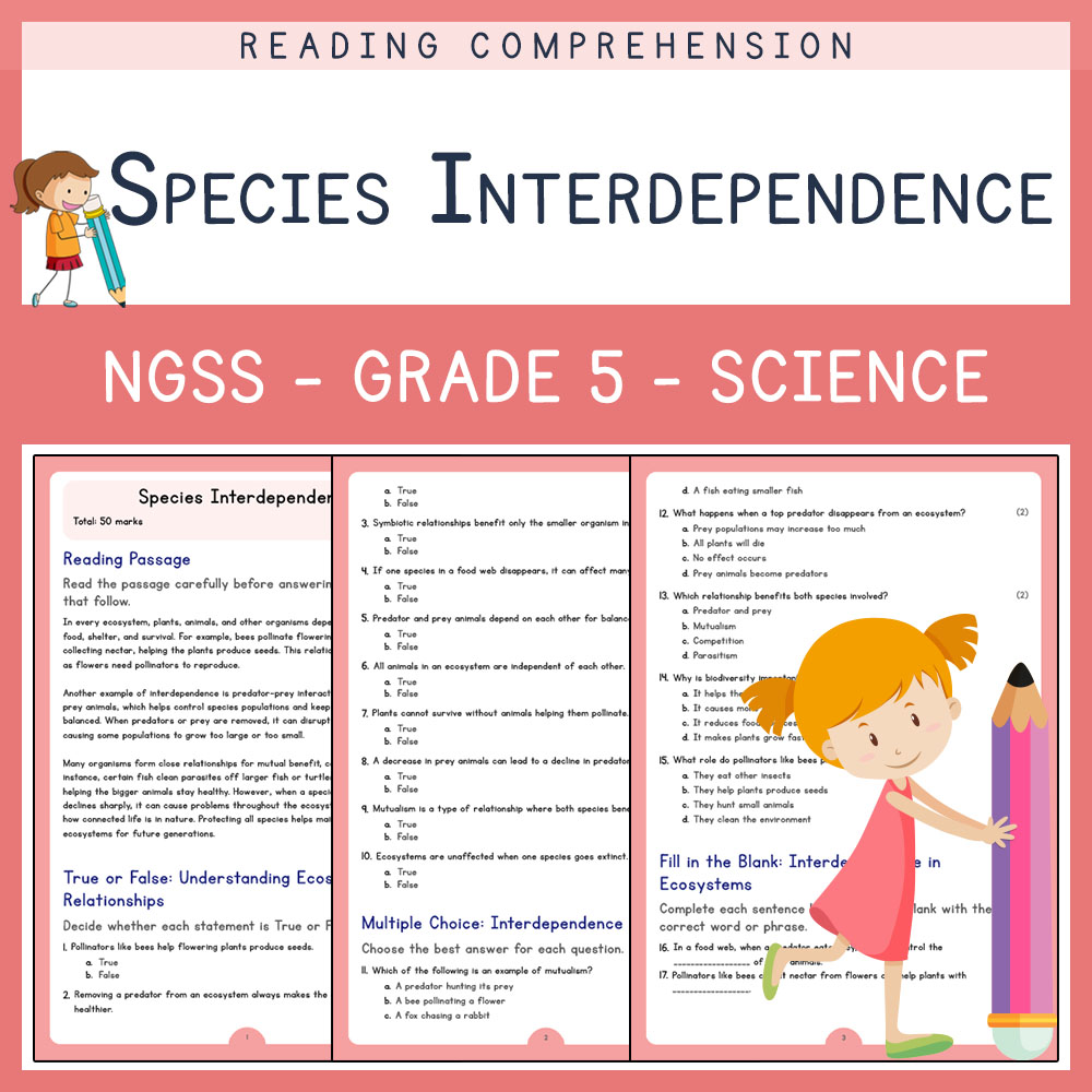 Grade 5 Science worksheets for primary grades worksheet — Grade 5 Science | Species Interdependence Worksheet (PDF) | NGSS…