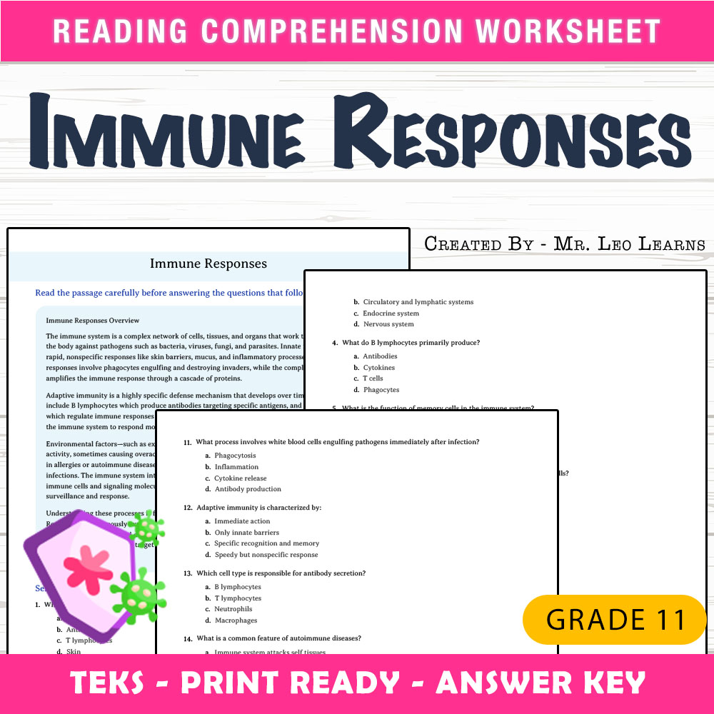 Grade 11 Science worksheet worksheet — Grade 11 Science – Immune Responses Worksheet for Mastery — page 1