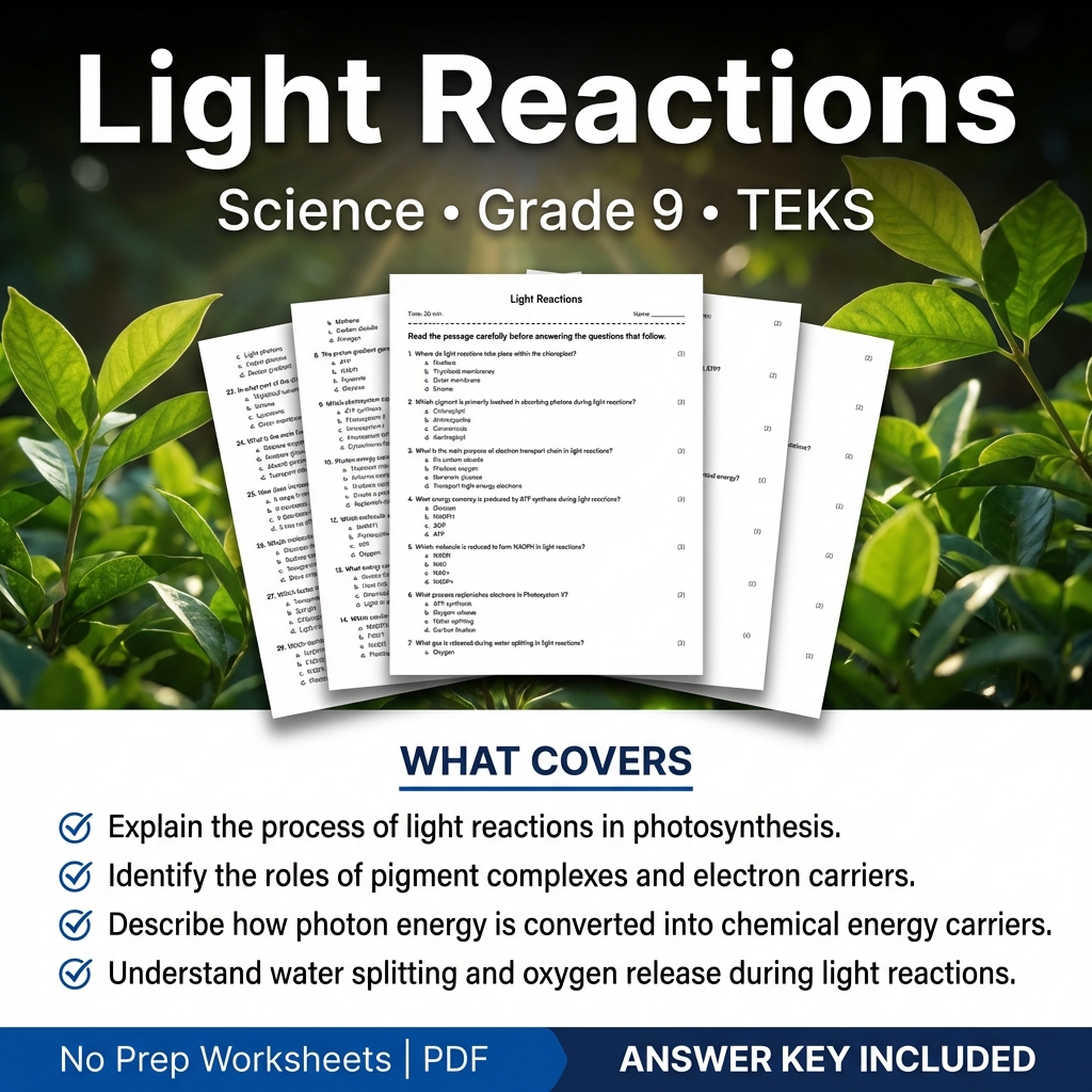 Light Reactions Worksheet for Grade 9 Science | TEKS Aligned