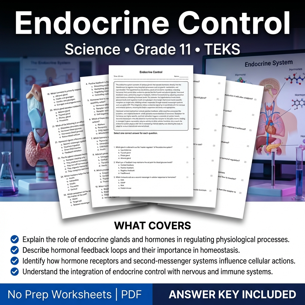 Endocrine Control Worksheet for Grade 11 Science | TEKS-Aligned Practice