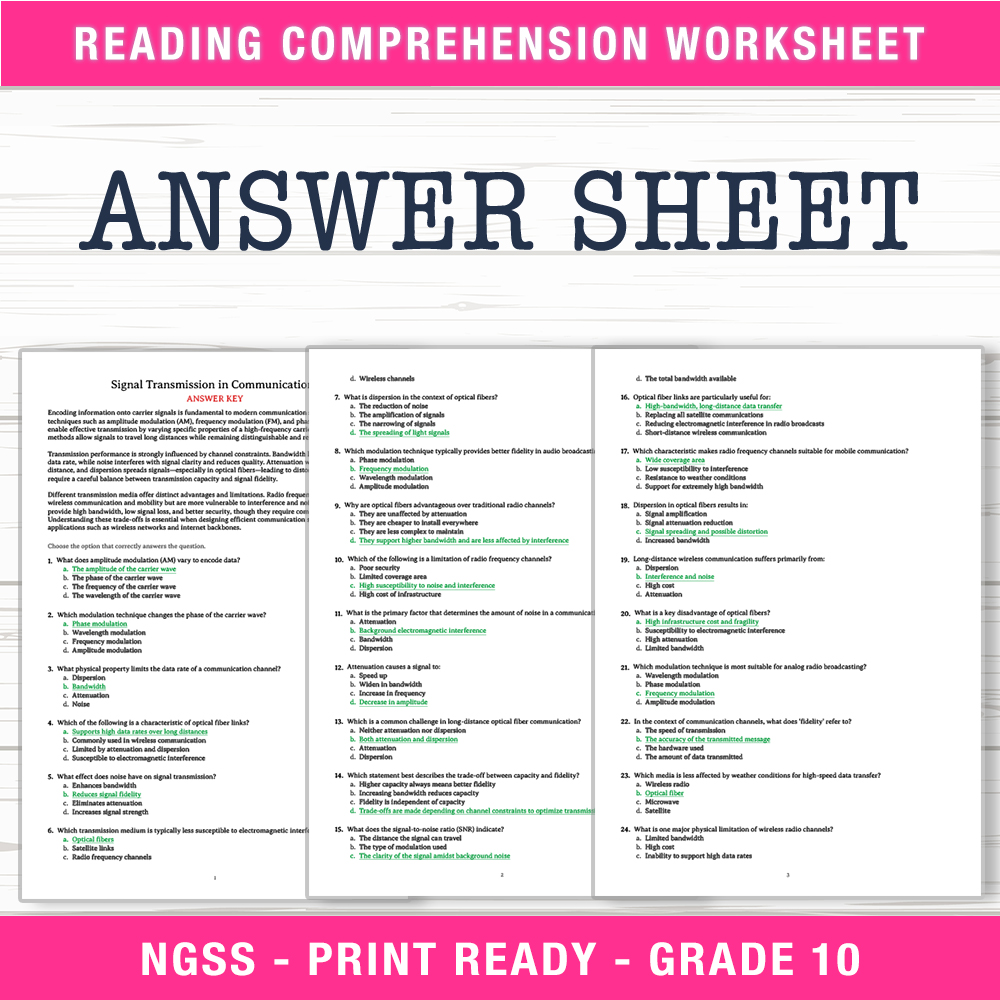 Grade 10 Science worksheet worksheet — Grade 10 Science | Signal Transmission in Communications Worksheet (PDF + Answer Ke…