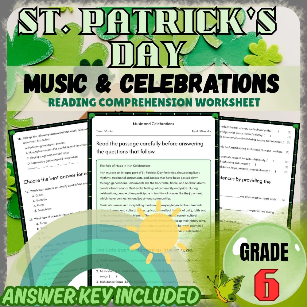 Grade 6 Holiday Worksheets Bundle | St. Patrick's Day Cultural & Traditions — included worksheet 2