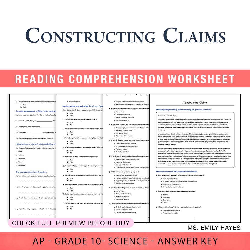 Grade 10 Science worksheet worksheet — Grade 10 Science | Constructing Claims Worksheet (PDF+ Answer Key) — page 1