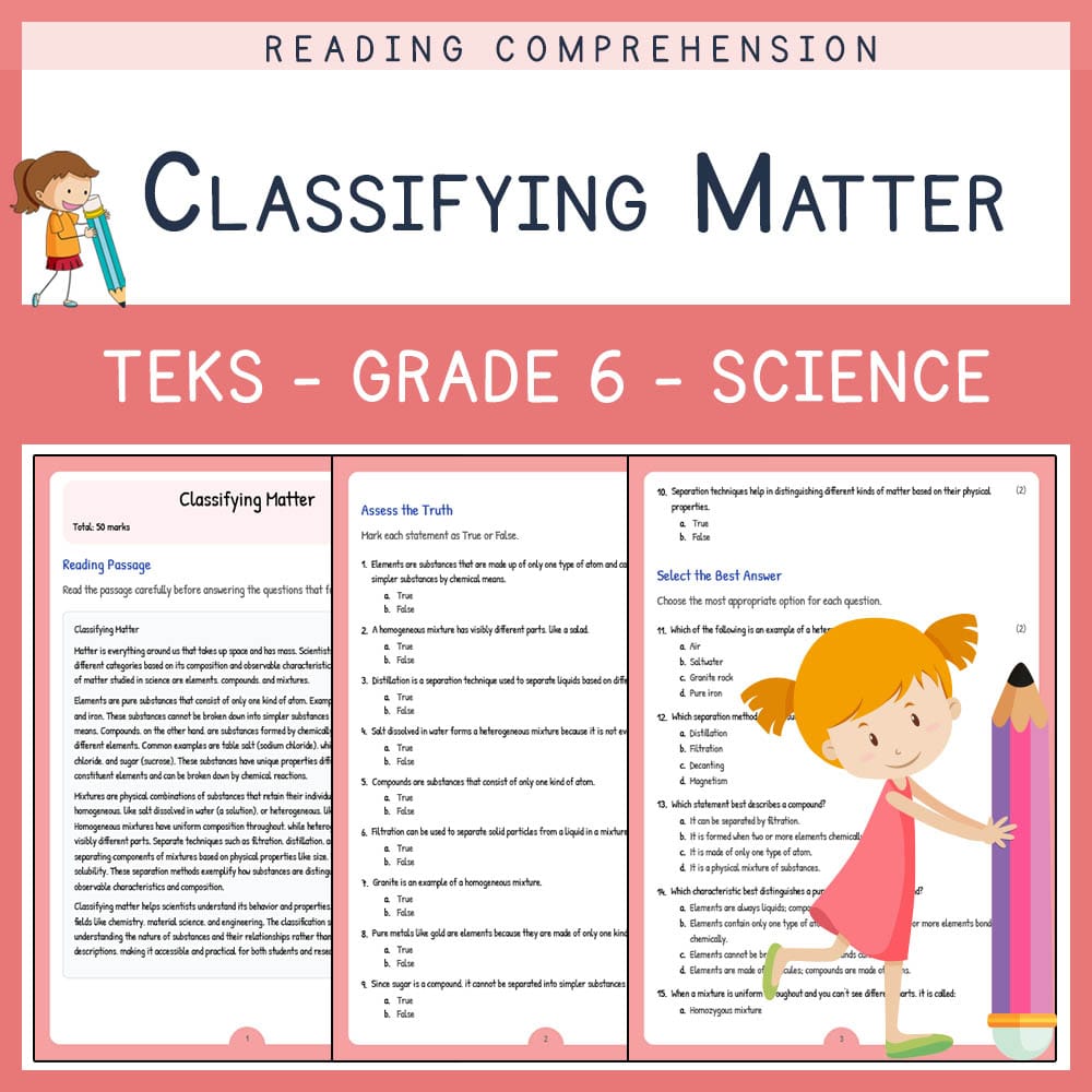 Grade 6 Science worksheet elena worksheet — Grade 6 Science | Classifying Matter Worksheet | TEKS Alligned — page 1