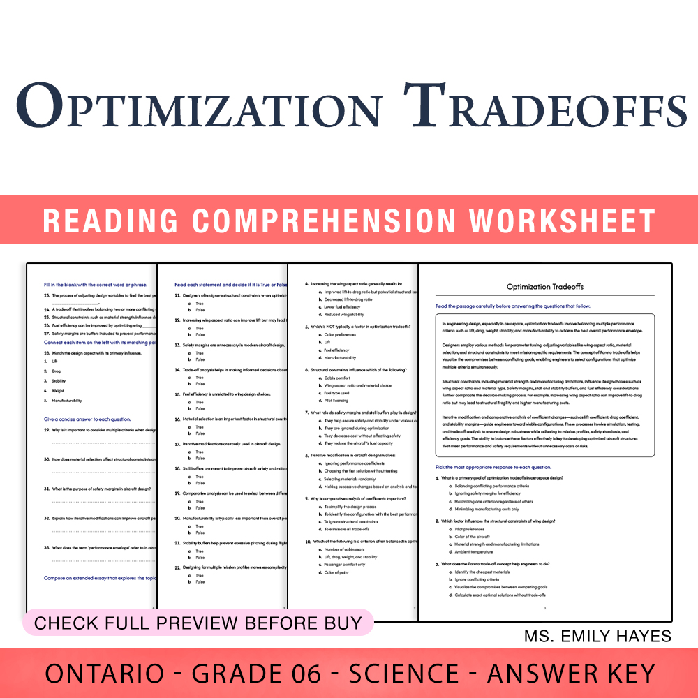Grade 6 Science worksheet worksheet — 6th Grade Science | Optimization Tradeoffs in Engineering (PDF + Answer Key) — page 1
