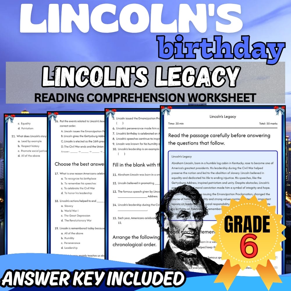 Grade 6 Holiday | Lincoln's Birthday Worksheet for Mastery | PDF + Answer Key