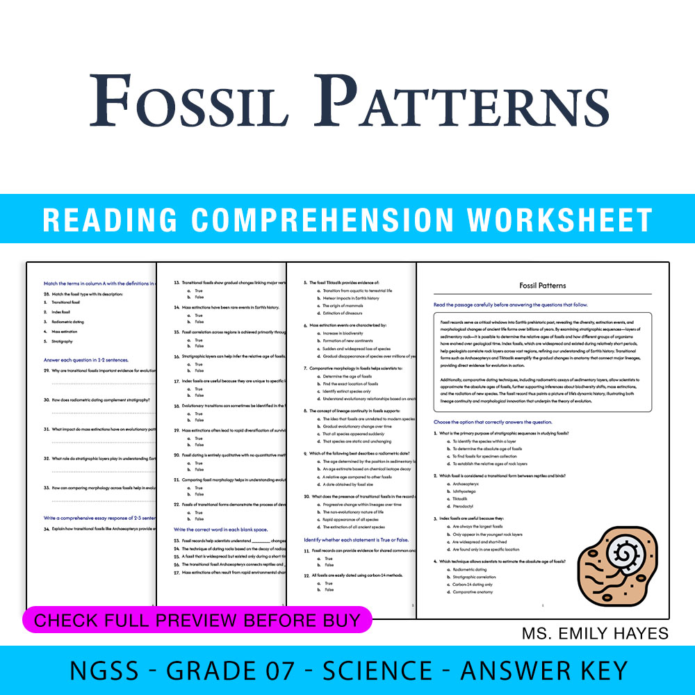 Grade 7 Science — worksheet — 7th Grade Science | Fossil Patterns Worksheet (PDF + Answer Key) — page 1
